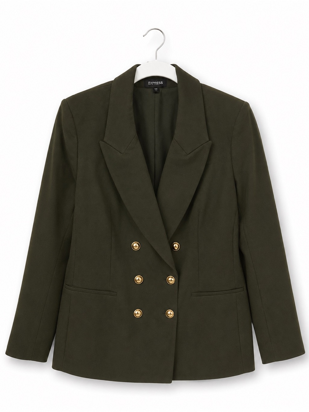 Express Olive Green Double-Breasted Blazer with Gold Buttons